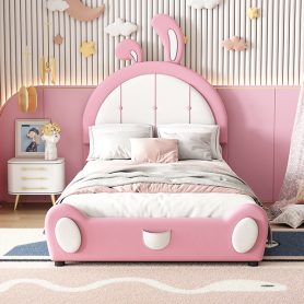 Twin Size Upholstered Platform Bed with Ribbit Shaped Headboard