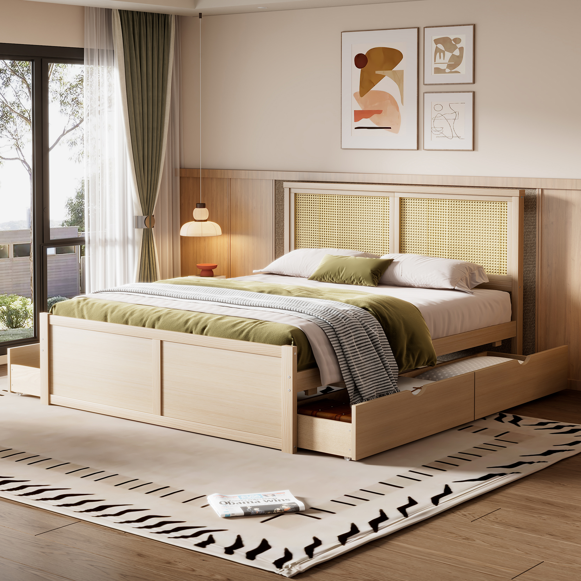 Queen Size Wood Storage Platform Bed With 4 Drawers, Rattan Headboard