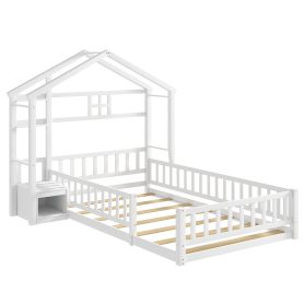 Twin Size House-Style Headboard Floor Bed with Fence Guardrails