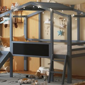 Twin Size Loft Bed With Ladder And Slide, House Bed With Blackboard And Light Strip On The Roof