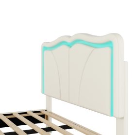 Full Size Upholstered Platform Bed with Curve Shaped and Height-adjustbale Headboard,LED Light Strips