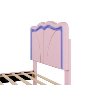 Twin Size Upholstered Platform Bed with Curve Shaped and Height-adjustbale Headboard,LED Light Strips