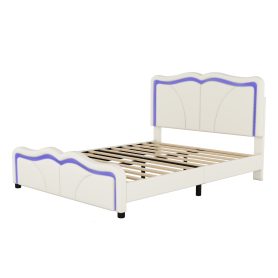 Full Size Upholstered Platform Bed with Curve Shaped and Height-adjustbale Headboard,LED Light Strips