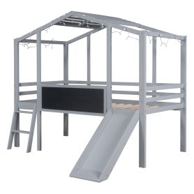 Twin Size Loft Bed With Ladder And Slide, House Bed With Blackboard And Light Strip On The Roof