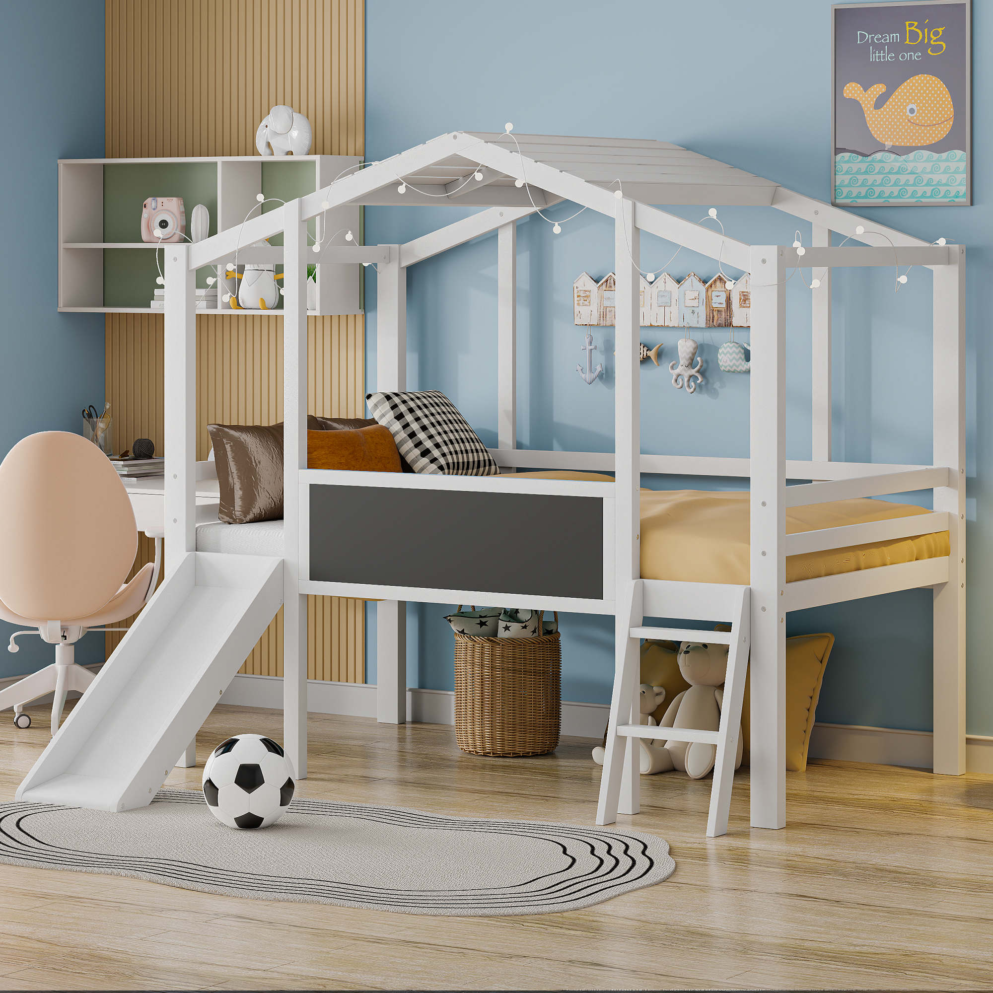 Twin Size Loft Bed With Ladder And Slide, House Bed With Blackboard And Light Strip On The Roof