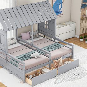Twin Size House Platform Beds With Two Drawers For Boy And Girl Shared Beds, Combination Of 2 Side By Side Twin Size Beds