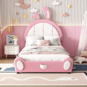 Twin Size Upholstered Platform Bed with Ribbit Shaped Headboard