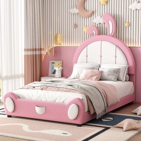 Twin Size Upholstered Platform Bed with Ribbit Shaped Headboard