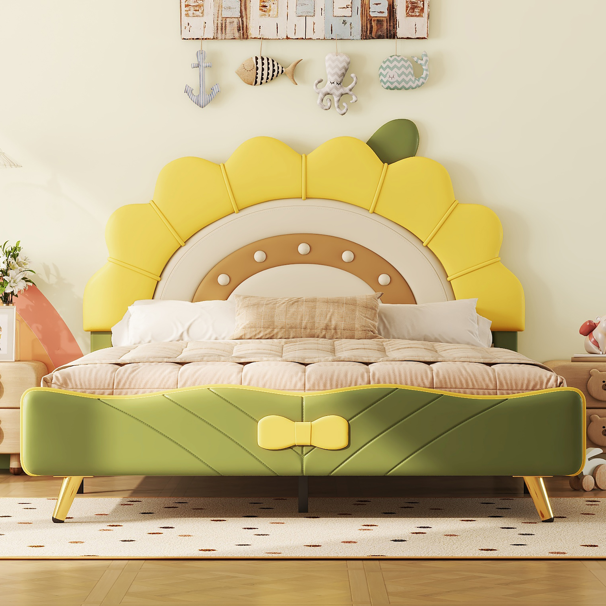 Full Size Upholstered Platform Bed with Sunflower Shaped Headboard