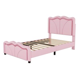 Twin Size Upholstered Platform Bed with Curve Shaped and Height-adjustbale Headboard,LED Light Strips