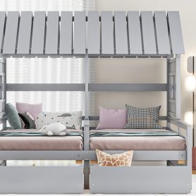 Twin Size House Platform Beds With Two Drawers For Boy And Girl Shared Beds, Combination Of 2 Side By Side Twin Size Beds