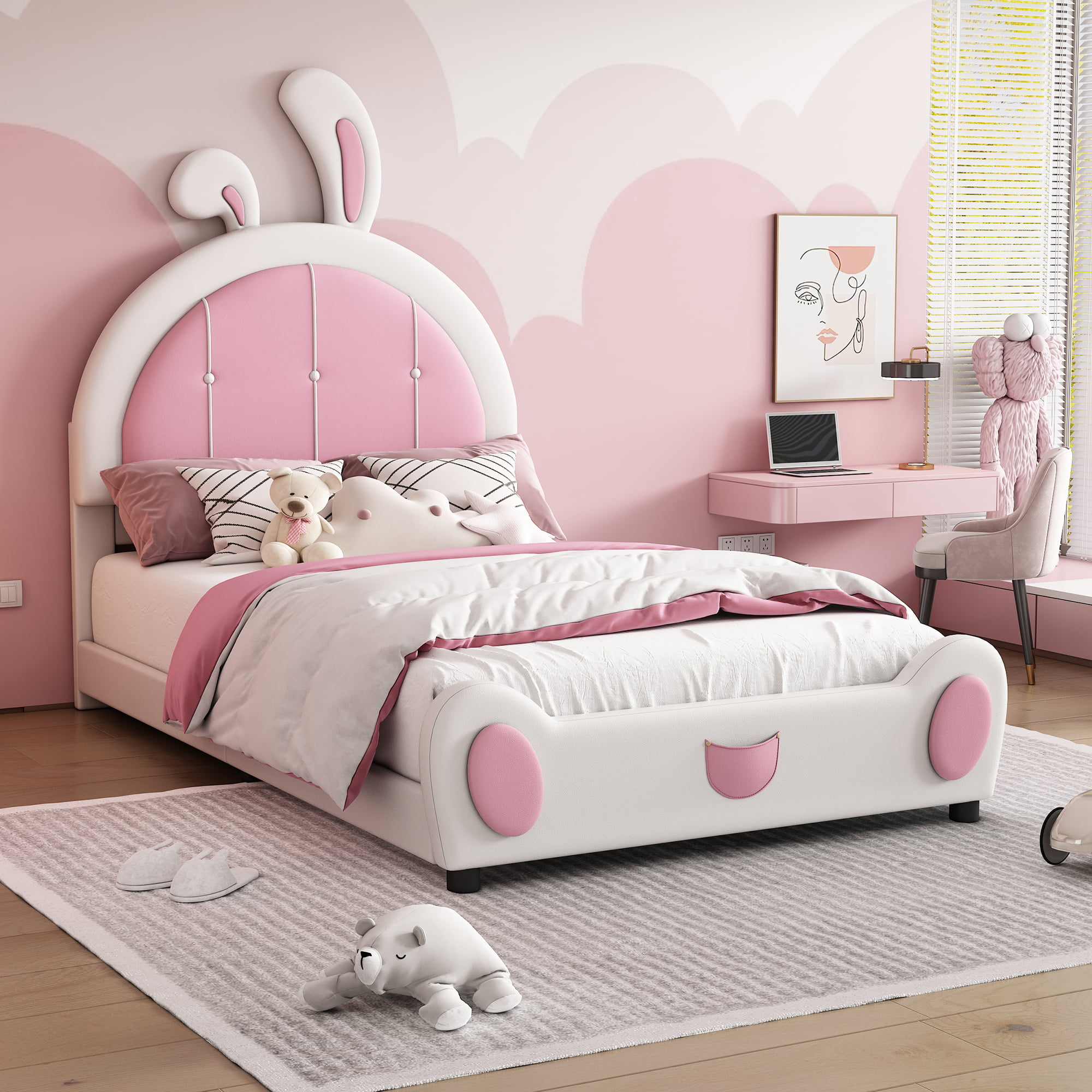 Twin Size Upholstered Platform Bed with Ribbit Shaped Headboard