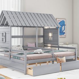 Twin Size House Platform Beds With Two Drawers For Boy And Girl Shared Beds, Combination Of 2 Side By Side Twin Size Beds