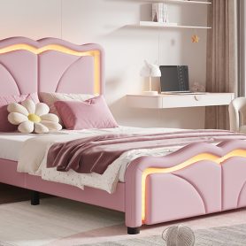 Twin Size Upholstered Platform Bed with Curve Shaped and Height-adjustbale Headboard,LED Light Strips