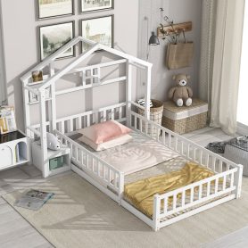 Twin Size House-Style Headboard Floor Bed with Fence Guardrails