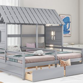 Twin Size House Platform Beds With Two Drawers For Boy And Girl Shared Beds, Combination Of 2 Side By Side Twin Size Beds