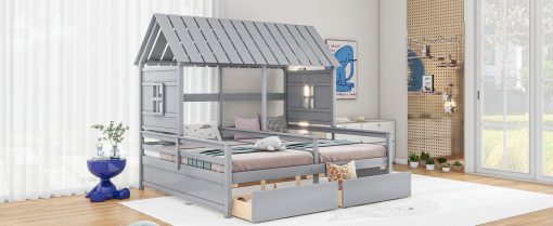 Twin Size House Platform Beds With Two Drawers For Boy And Girl Shared Beds, Combination Of 2 Side By Side Twin Size Beds