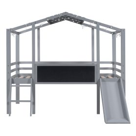 Twin Size Loft Bed With Ladder And Slide, House Bed With Blackboard And Light Strip On The Roof