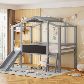 Twin Size Loft Bed With Ladder And Slide, House Bed With Blackboard And Light Strip On The Roof