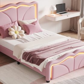 Twin Size Upholstered Platform Bed with Curve Shaped and Height-adjustbale Headboard,LED Light Strips