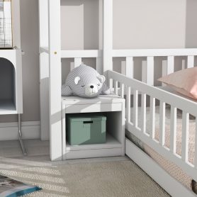 Twin Size House-Style Headboard Floor Bed with Fence Guardrails