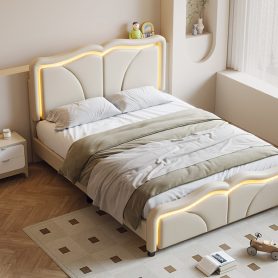 Full Size Upholstered Platform Bed with Curve Shaped and Height-adjustbale Headboard,LED Light Strips