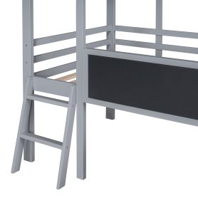 Twin Size Loft Bed With Ladder And Slide, House Bed With Blackboard And Light Strip On The Roof