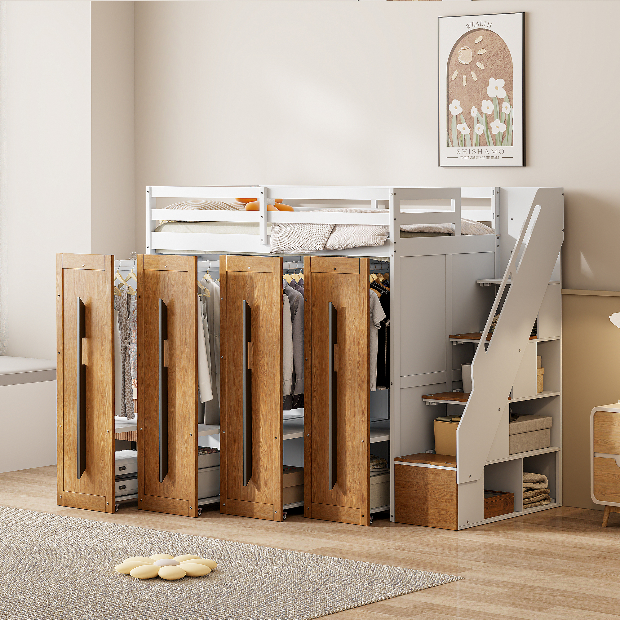 Modern Loft Bed with Two-Tone Storage Stairs and Pull-Out Wardrobes
