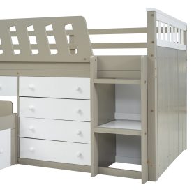 Space-Saving Twin Loft and Twin Platform Bed with 7 Drawers and Full Guardrails