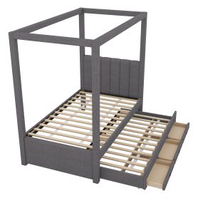 Twin Size Upholstery Canopy Platform Bed with Trundle and Three Storage Drawers