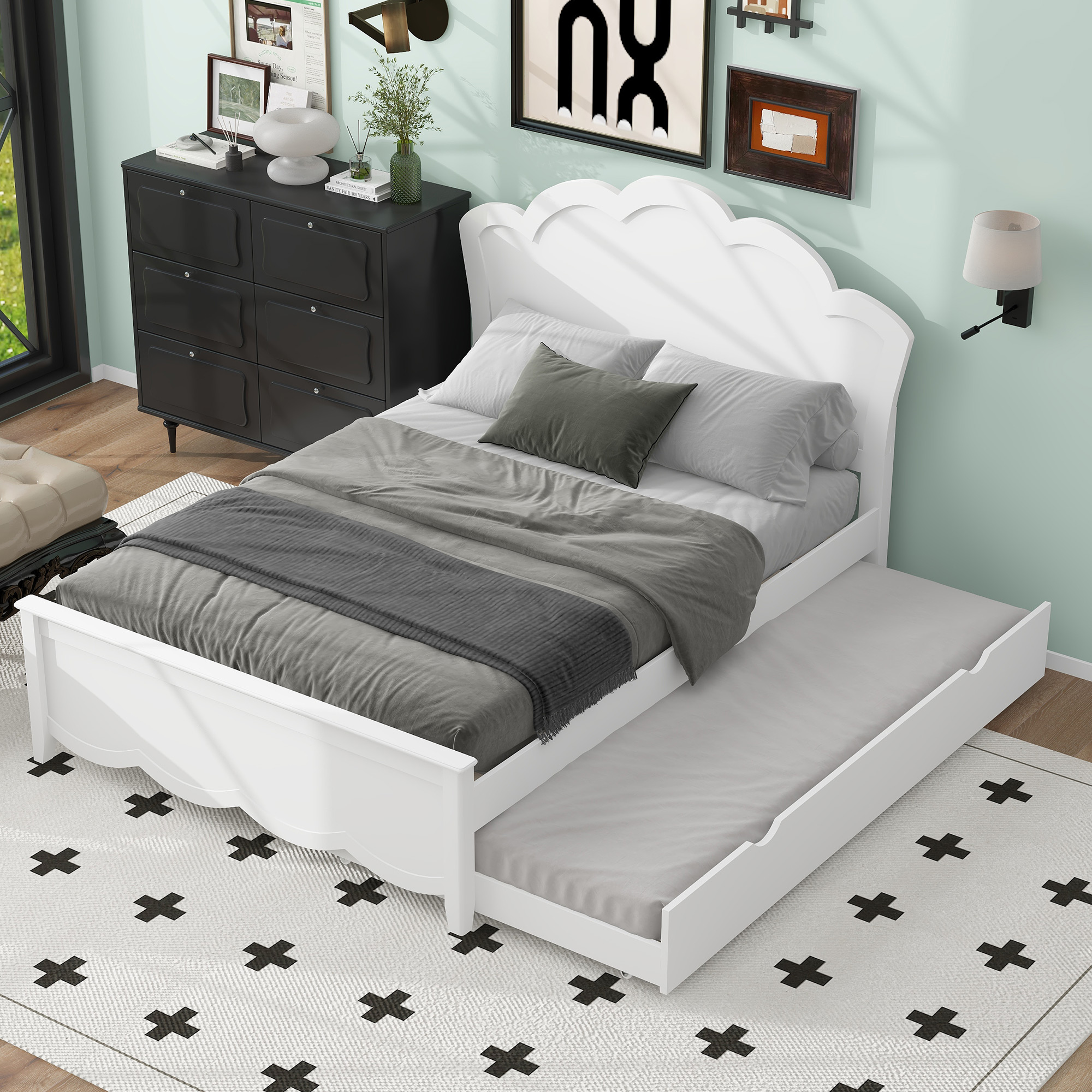 Full Size Wood Platform Bed with Headboard and Twin Size Trundle 5 Full Size Wood Platform Bed with Headboard and Twin Size Trundle