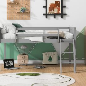 Full Size Wood Low Loft Bed With Ladder, Ladder Can Be Placed On The Left Or Right