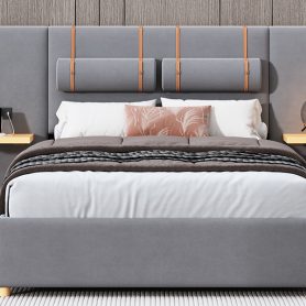 Full Size Upholstered Platform Bed, Two Outlets and USB Charging Ports on Both Sides, Two Bedside Pillows, Storage Shelves