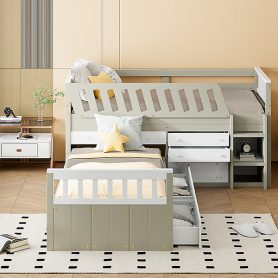 Space-Saving Twin Loft and Twin Platform Bed with 7 Drawers and Full Guardrails