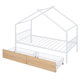Twin Size Metal House Bed With Two Drawers