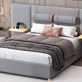 Full Size Upholstered Platform Bed, Two Outlets and USB Charging Ports on Both Sides, Two Bedside Pillows, Storage Shelves