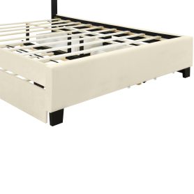 Queen Size Upholstered Platform Bed with 2 Drawers and 1 Double Trundle, Classic Metal Strip Headboard Design