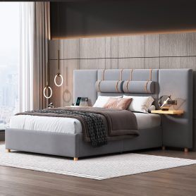 Full Size Upholstered Platform Bed, Two Outlets and USB Charging Ports on Both Sides, Two Bedside Pillows, Storage Shelves
