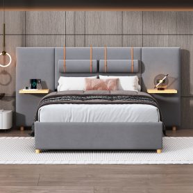 Full Size Upholstered Platform Bed, Two Outlets and USB Charging Ports on Both Sides, Two Bedside Pillows, Storage Shelves