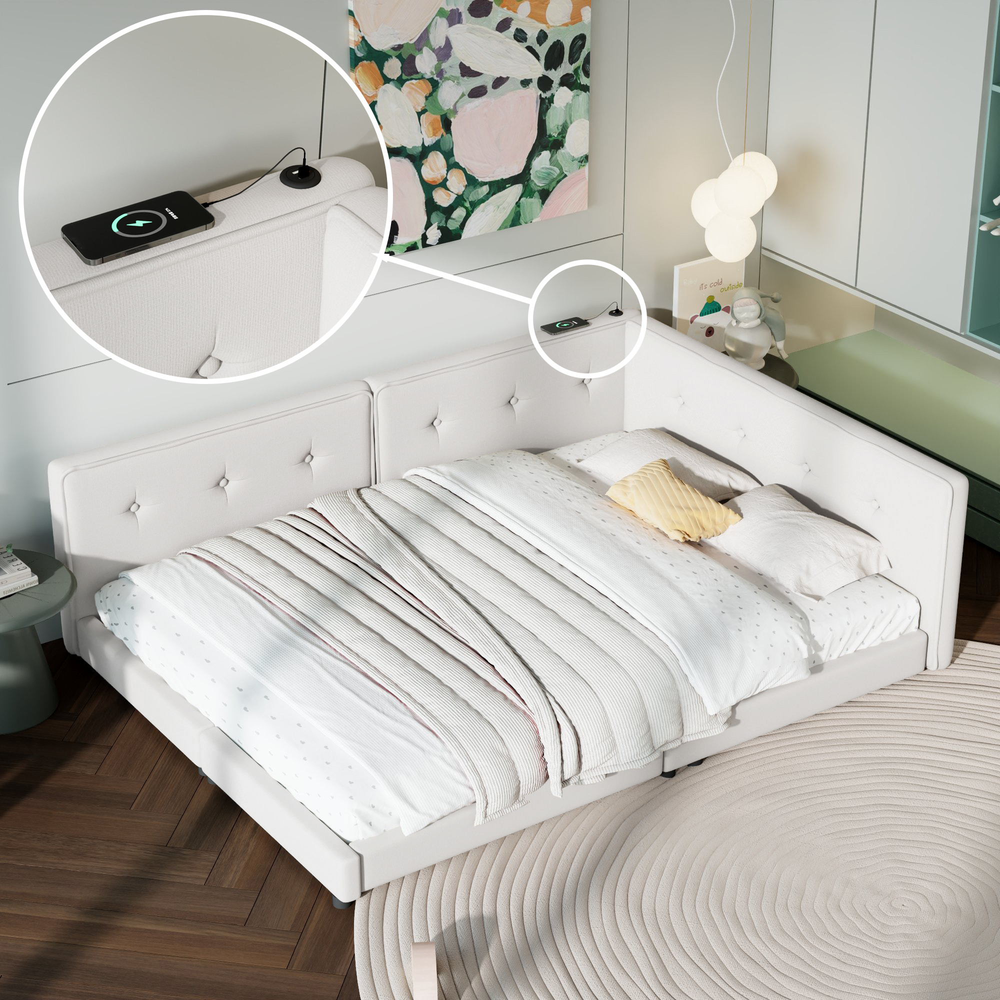 Upholstered Full Size Platform Bed With USB Ports
