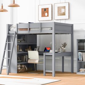 Full Size Loft Bed with Ladder, Desk and Shelf