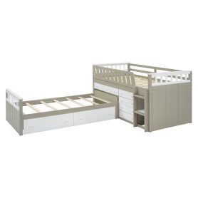 Space-Saving Twin Loft and Twin Platform Bed with 7 Drawers and Full Guardrails