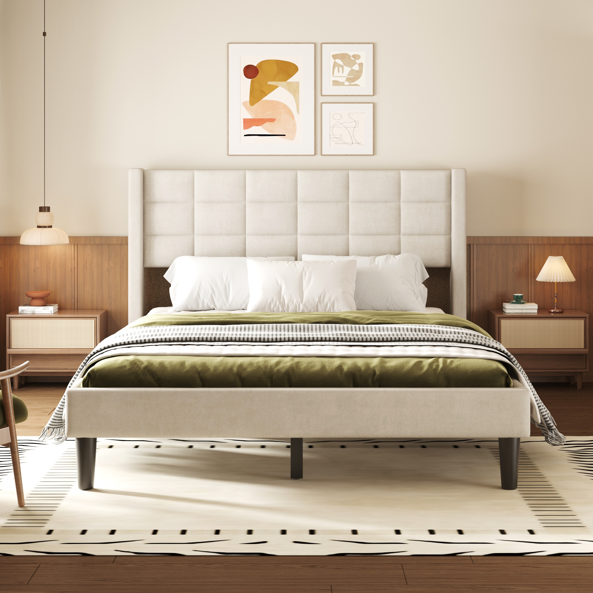 Upholstered Queen Size Platform Bed with Support Legs