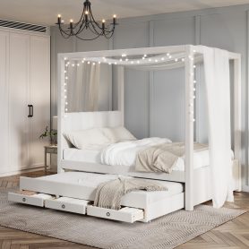 Full Size Upholstery Canopy Platform Bed with Trundle and Three Storage Drawers