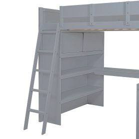 Full Size Loft Bed with Ladder, Desk and Shelf
