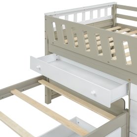 Space-Saving Twin Loft and Twin Platform Bed with 7 Drawers and Full Guardrails