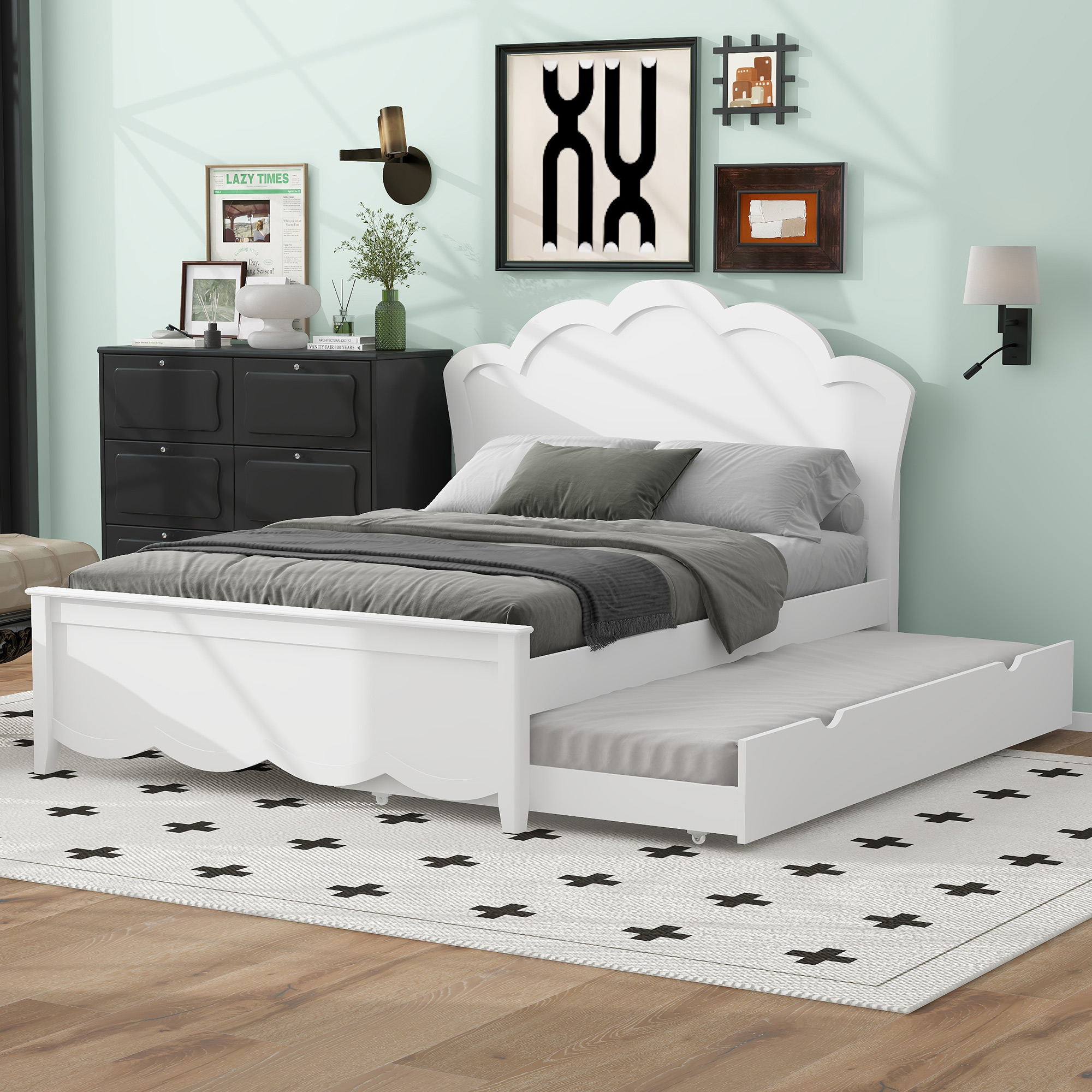 Full Size Wood Platform Bed with Headboard and Twin Size Trundle 3 Full Size Wood Platform Bed with Headboard and Twin Size Trundle