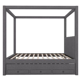 Twin Size Upholstery Canopy Platform Bed with Trundle and Three Storage Drawers