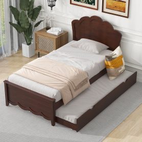 Twin Size Wood Platform Bed with Headboard and Twin Size Trundle