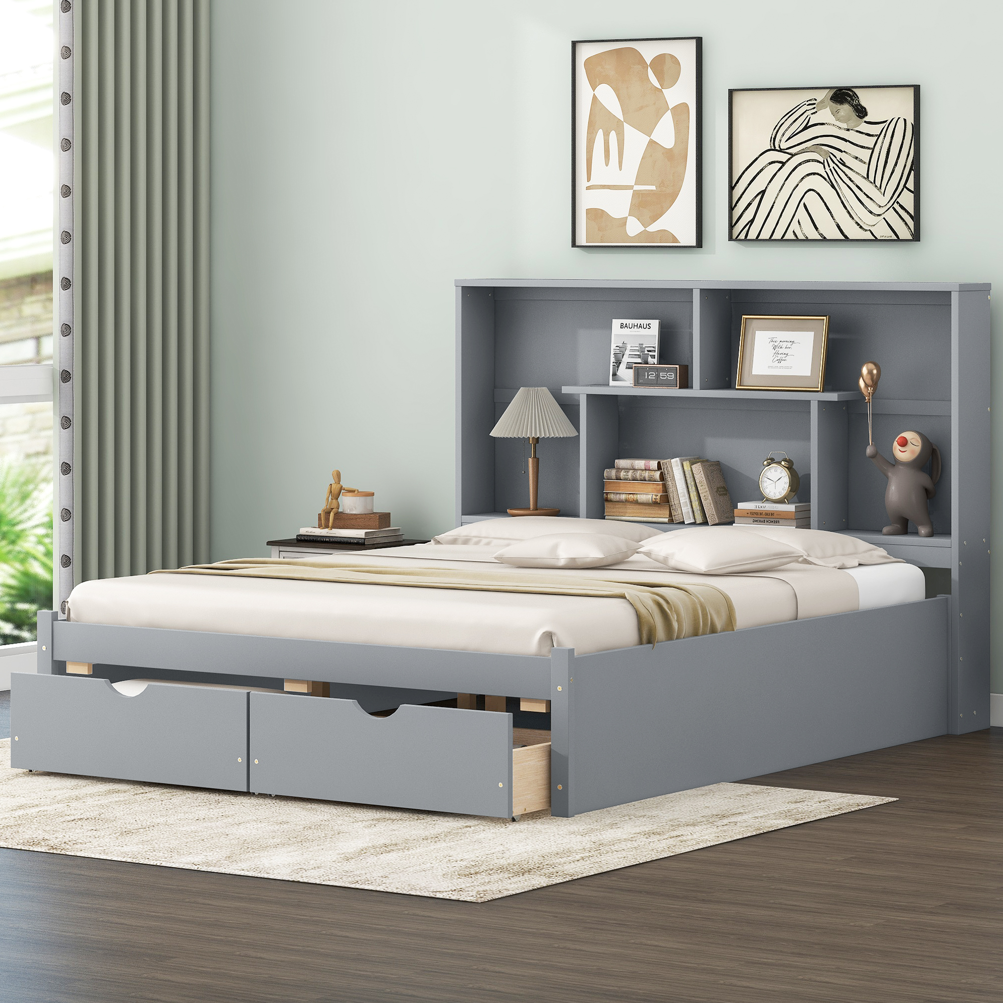 Queen Size Platform Bed with Storage Headboard and 2 Drawers
